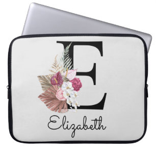 Initial E Modern Pink Boho Girly Floral Laptop Sleeve