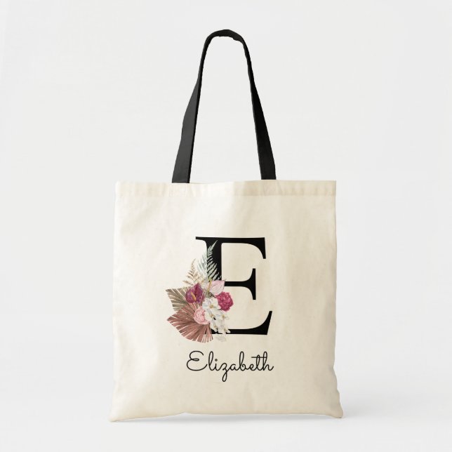Initial E Modern Pink Boho Girly Floral Tote Bag (Front)