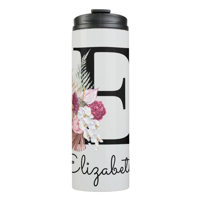 Initial E Modern Pink Floral Thermal Tumbler (Front)