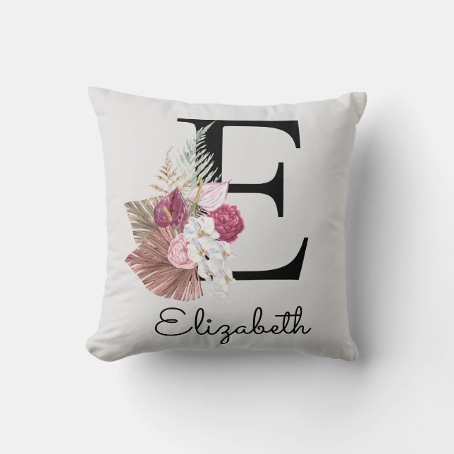 Initial E Modern Pink Floral Throw Pillow (Front)