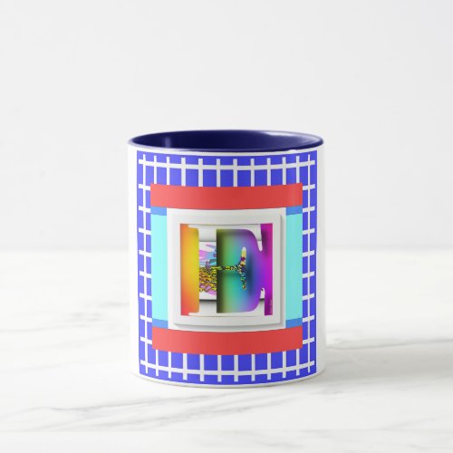 INITIAL E MONOGRAM BLUE CHECK MUG