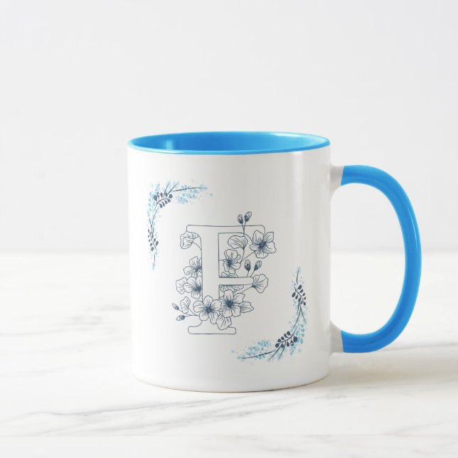 Initial "F" Blue Monogram Calm Floral Coffee Mug (Right)