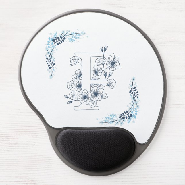 Initial "F" Blue Monogram Calm Floral Gel Mouse Pad (Front)