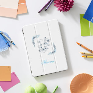 Initial "F" Blue Monogram Calm Floral iPad Pro Cover
