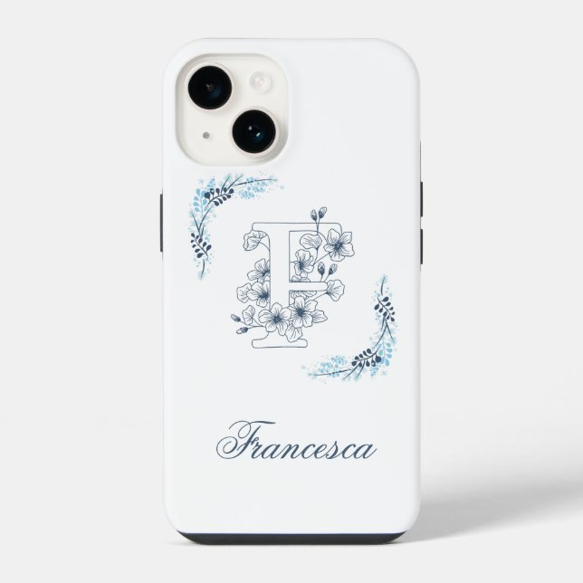 Initial "F" Blue Monogram Calm Floral Iphone Case (Back)