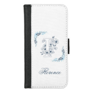 Initial "F" Blue Monogram Calm Floral iPhone 8/7 Wallet Case