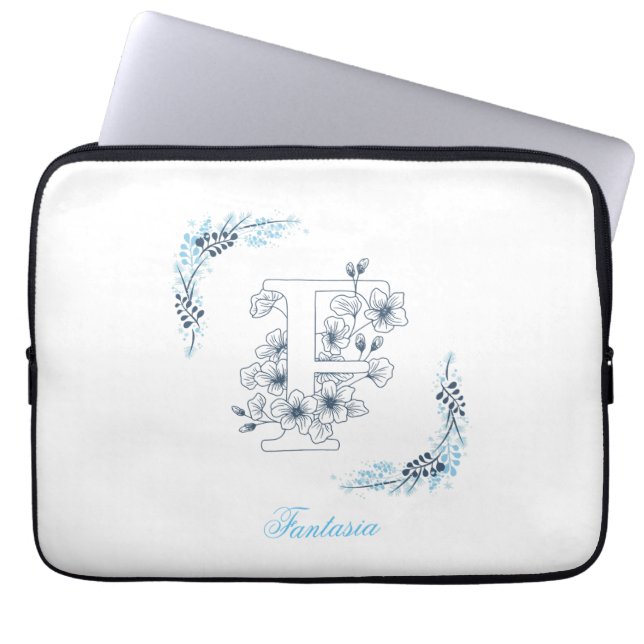 Initial "F" Blue Monogram Calm Floral Laptop Sleeve (Front)