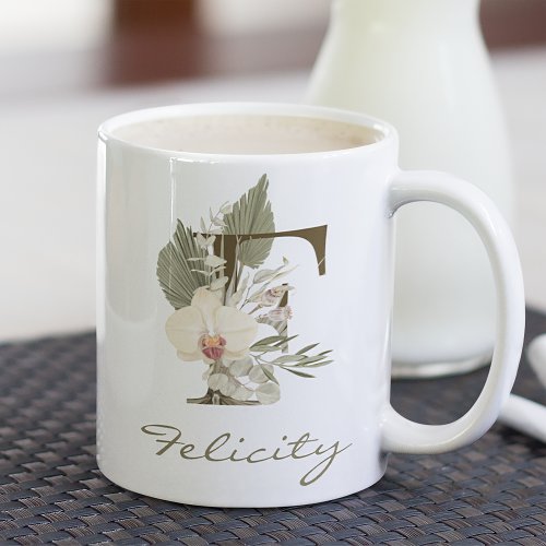 Initial F Boho Floral Orchid Greenery Custom Name Coffee Mug