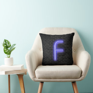 Initial F In Neon Marquee On Brick   Throw Pillow