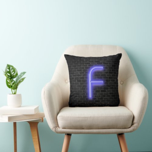 Initial F In Neon Marquee On Brick   Throw Pillow