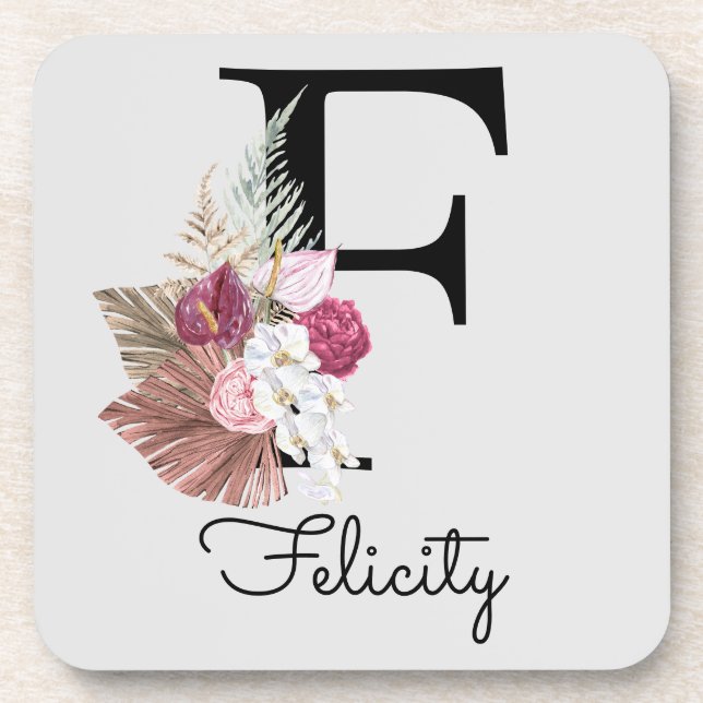 Initial F Modern Pink Boho Girly Floral Beverage Coaster (Front)