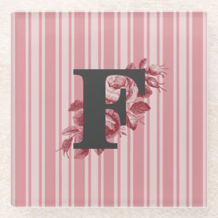 Initial F Monogram Cabbage Roses and Stripes Glass Coaster