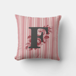Initial F Monogram Cabbage Roses and Stripes Throw Pillow