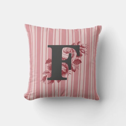 Initial F Monogram Cabbage Roses and Stripes Throw Pillow