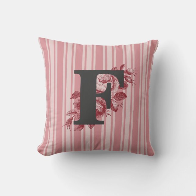Initial F Monogram Cabbage Roses and Stripes Throw Pillow (Front)