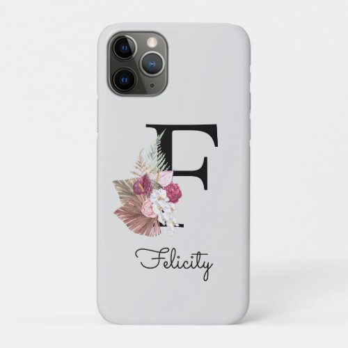 Initial F Monogrammed Pink Boho Floral iPhone 11 Pro Case