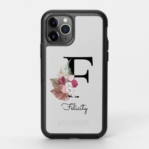 Initial F Monogrammed Pink Boho Floral OtterBox Symmetry iPhone 11 Pro Case