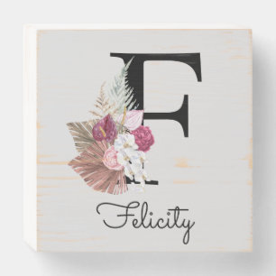 Initial F Monogrammed Pink Boho Floral Wooden Box Sign