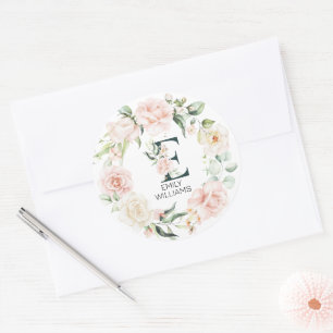 Initial floral letter E floral frame Classic Round Sticker
