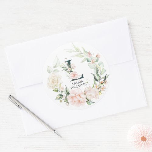 Initial floral letter L floral frame Classic Round Sticker