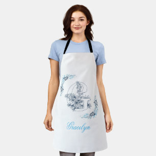 Initial "G" Blue Monogram Calm Floral Apron