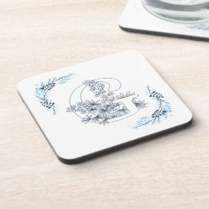 Initial "G" Blue Monogram Calm Floral Beverage Coaster