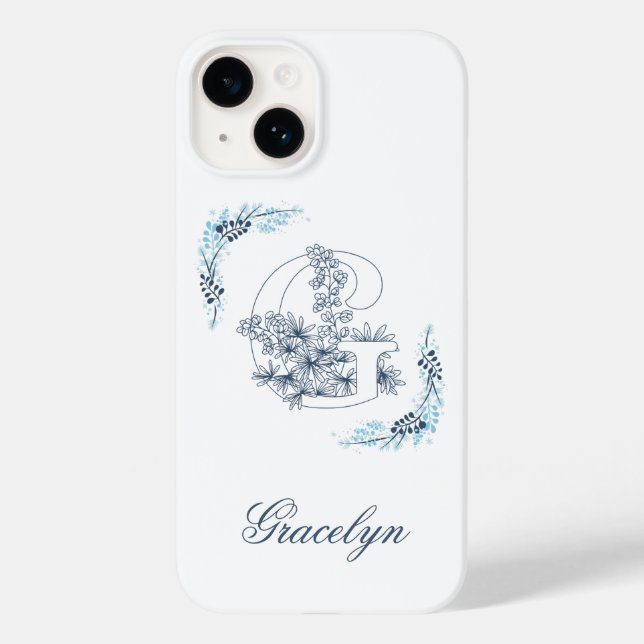 Initial "G" Blue Monogram Calm Floral Case-Mate iPhone Case (Back)
