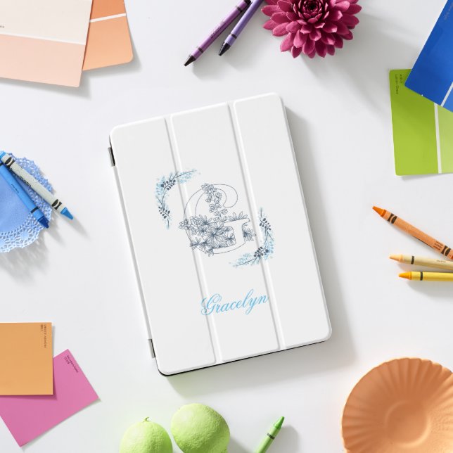 Initial "G" Blue Monogram Calm Floral iPad Pro Cover (Desk)