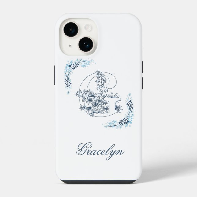 Initial "G" Blue Monogram Calm Floral Iphone Case (Back)