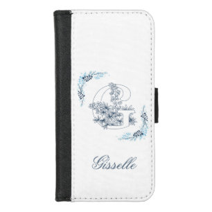 Initial "G" Blue Monogram Calm Floral iPhone 8/7 Wallet Case