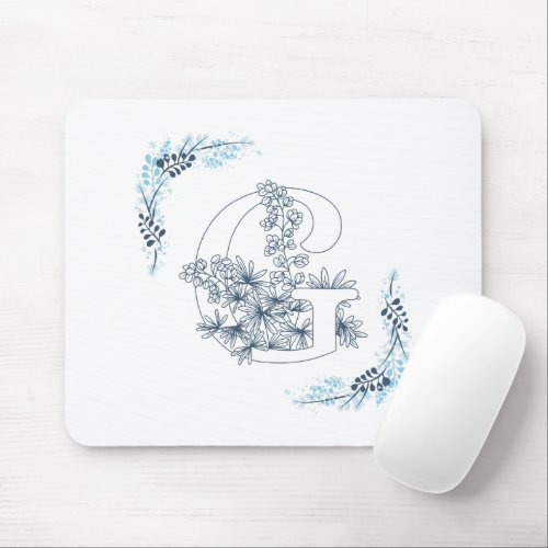 Initial G Blue Monogram Calm Floral Mouse Pad