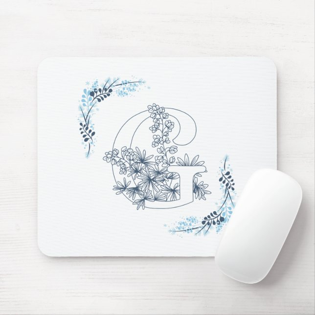 Initial "G" Blue Monogram Calm Floral Mouse Pad (With Mouse)