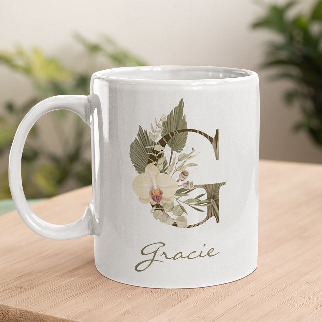 Initial G Boho Floral Orchid Greenery Custom Name Coffee Mug (Creator Uploaded)