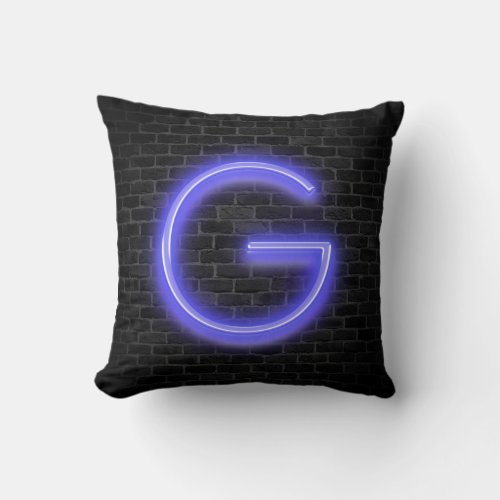 Initial G In Neon Marquee On Brick   Throw Pillow