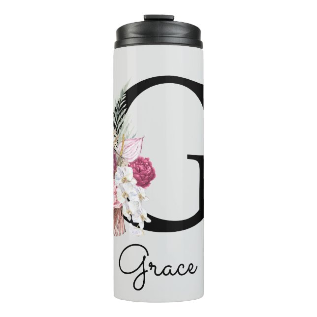 Initial G Monogrammed Pink Boho Floral Thermal Tumbler (Front)