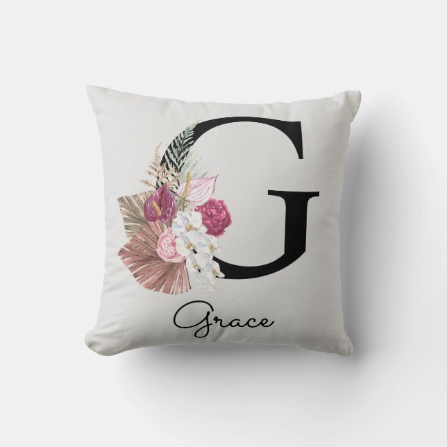 Initial G Monogrammed Pink Boho Floral Throw Pillow (Front)