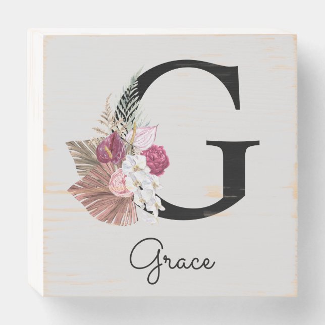 Initial G Monogrammed Pink Boho Floral Wooden Box Sign (Front Horizontal)