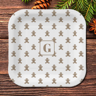 Initial, Gingerbread Man Cookie Pattern Square Paper Plates