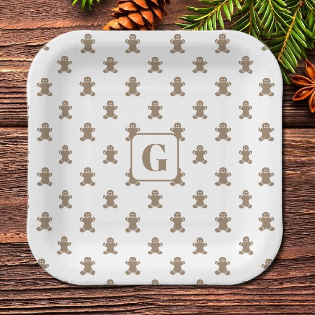 Initial, Gingerbread Man Cookie Pattern Square Paper Plates (Creator Uploaded)