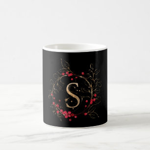 Initial Glitter Letter S Holly Eucalyptus Holiday Coffee Mug