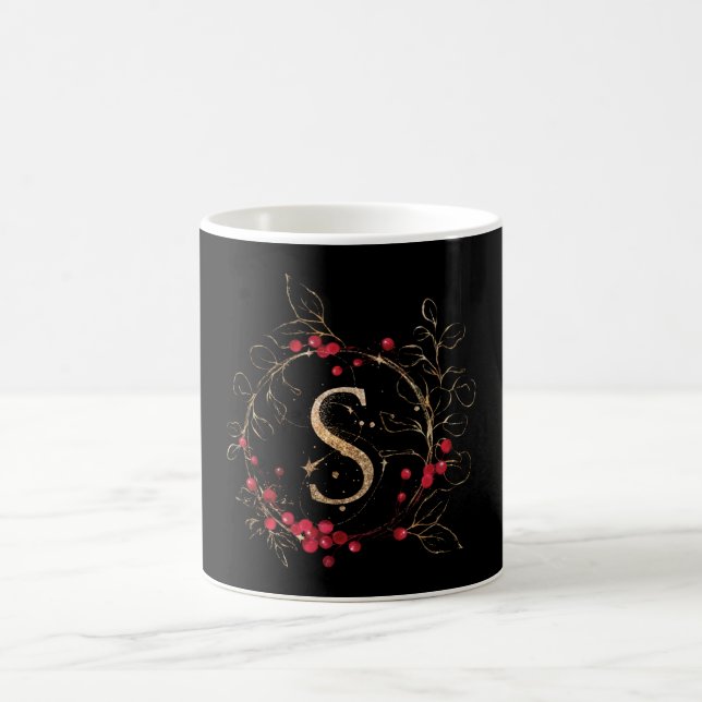 Initial Glitter Letter S Holly Eucalyptus Holiday Coffee Mug (Center)