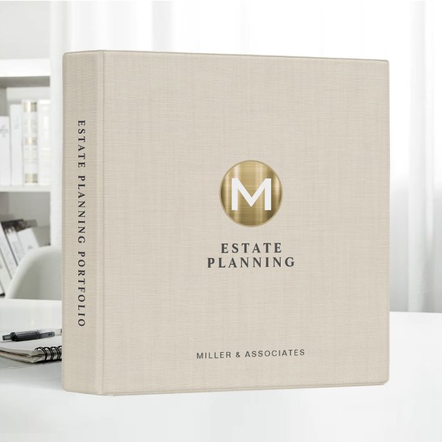 Initial Gold Logo Beige Linen Estate Planning 3 Ring Binder (Creator Uploaded)
