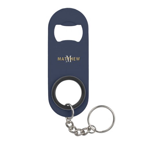 Initial Gold Name Monogram Masculine Navy Keychain Bottle Opener