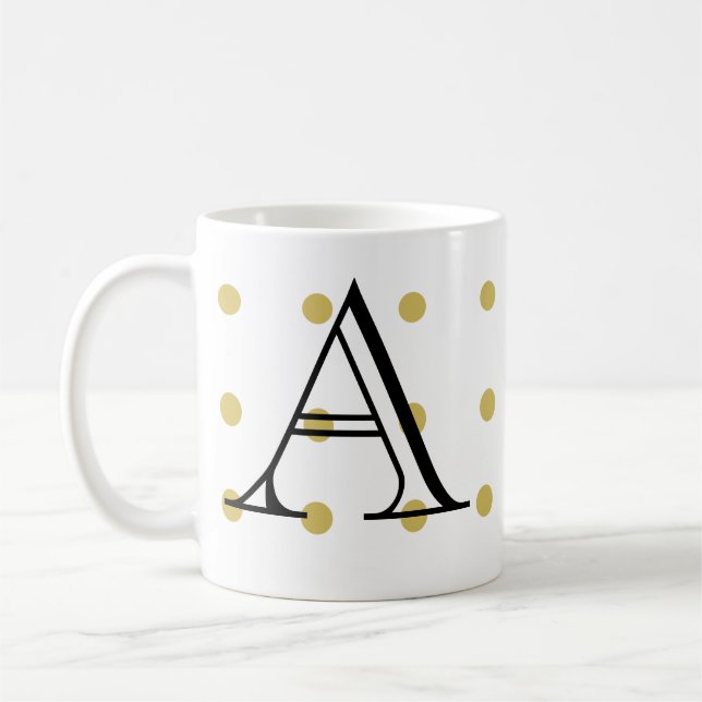 Initial, gold polka dot, trendy, modern, coffee mug (Left)