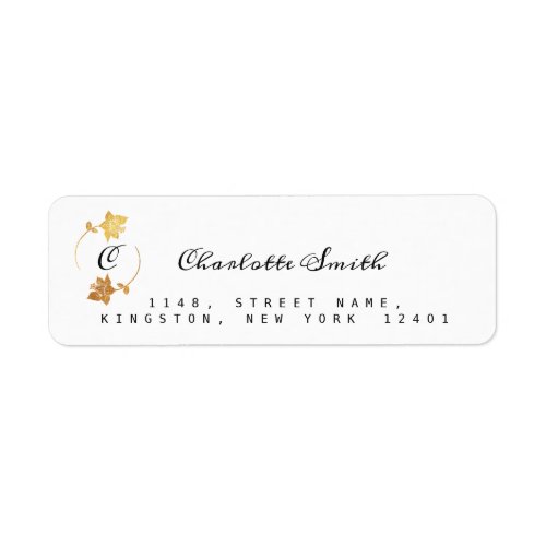 Initial Gold Wreath Floral Black White Flowers Label