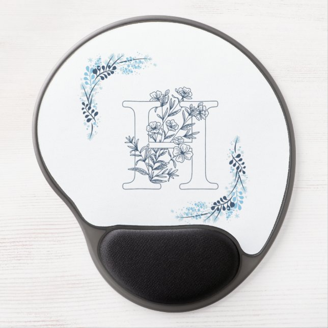 Initial "H" Blue Monogram Calm Floral Gel Mouse Pad (Front)
