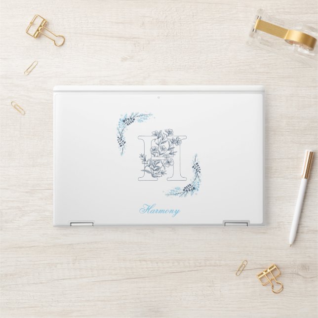 Initial "H" Blue Monogram Calm Floral HP Laptop Skin (Desk)
