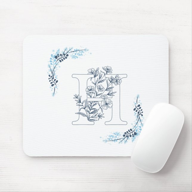 Initial "H" Blue Monogram Calm Floral Mouse Pad (With Mouse)