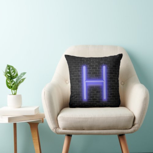 Initial H In Neon Marquee On Brick  Throw Pillow