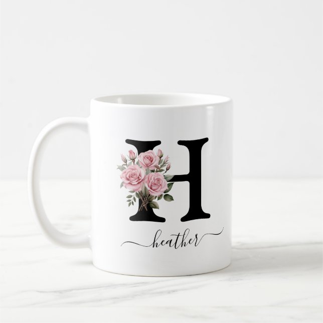 Initial H Monogram Floral Flower Pink Roses Mug (Left)